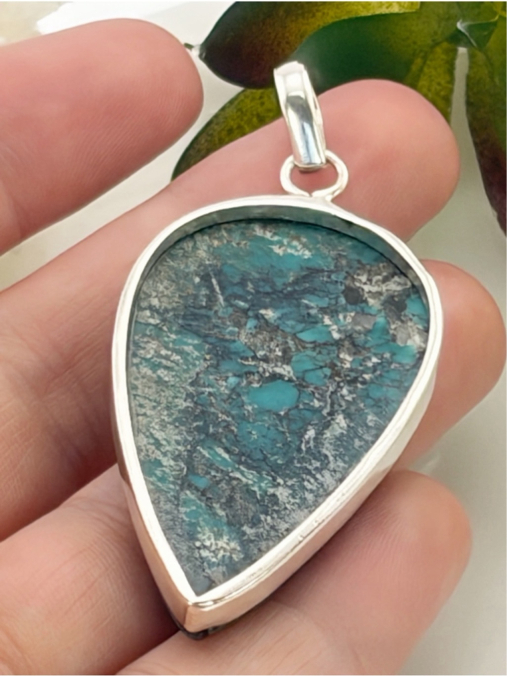 Large Sterling Silver 925 Southwest Turquoise Pendant Contemporary Handmade New - Picture 11 of 13